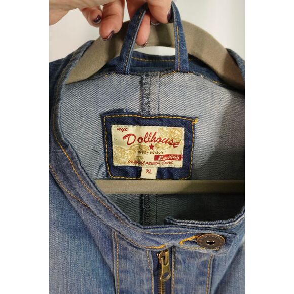 Vintage NYC Dollhouse XL Distressed Denim Bomber Jacket with Zippered Detailing - Picture 2 of 8